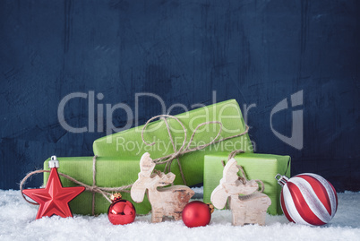 Green Christmas Gifts, Snow, Copy Space, Blue Background