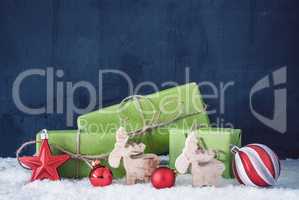 Green Christmas Gifts, Snow, Copy Space, Blue Background