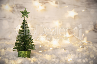 Green Christmas Tree, Star, Fairy Lights, Snow