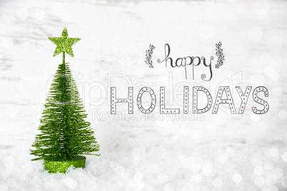 Green Christmas Tree, Star, Snow, Calligraphy Happy Holidays