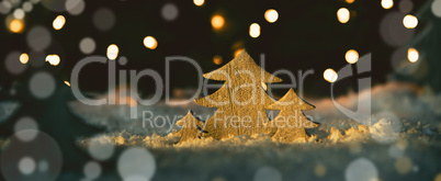 Wooden Christmas Trees, Snow, Magic Lights And Bokeh Background