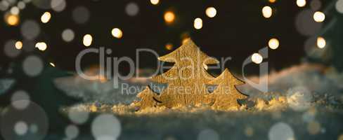 Wooden Christmas Trees, Snow, Magic Lights And Bokeh Background