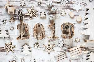 White Rustic Christmas Decoration With Text 2019, Wooden Background