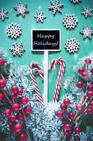 Vertical Black Christmas Sign,Lights, Text Happy Holidays