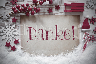 Red Christmas Decoration, Snow, Danke Means Thank You