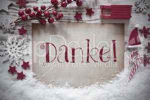 Red Christmas Decoration, Snow, Danke Means Thank You
