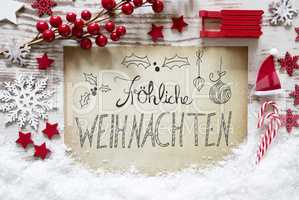 Flat Lay, Snow, Calligraphy Froehliche Weihnachten Mean Merry Christmas