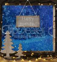 Window, Winter Forest, Text Happy Birthday, Snowflakes