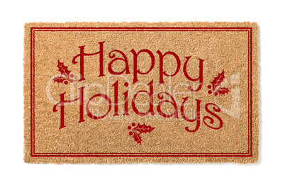 Happy Holidays Christmas Tan Welcome Mat Isolated on White Backg
