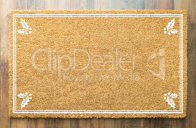 Blank Holiday Welcome Mat With Holly On Wood Floor Background