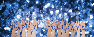 Many Hands Building Word Happy Holidays, Sparkling Bokeh Background