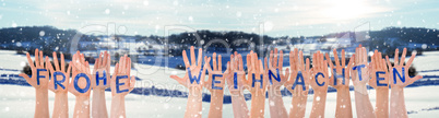 Hands Building Frohe Weihnachten Means Merry Christmas, Winter Background