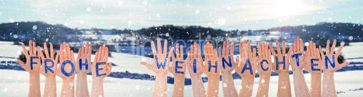 Hands Building Frohe Weihnachten Means Merry Christmas, Winter Background