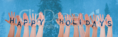 Many Hands Building Word Happy Holidays, Cold Winter Forest