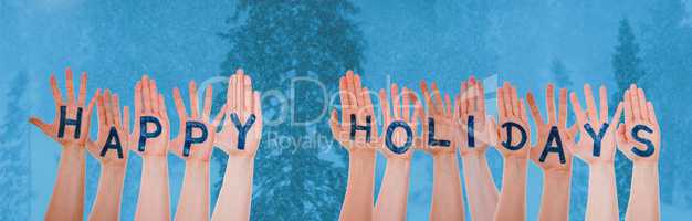 Many Hands Building Word Happy Holidays, Cold Winter Forest