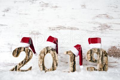 Wooden Letter Building 2019, Red Santa Claus Hat, Snow, Copy Space