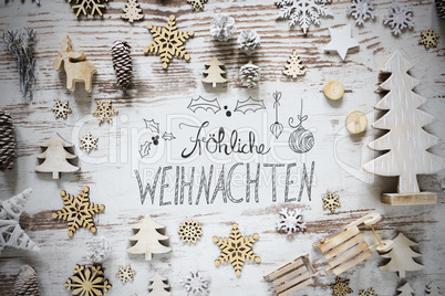 Flat Lay, Calligraphy Froehliche Weihnachten Means Merry Christmas