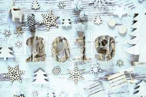 Christmas Decoration With Text 2019, Wooden Background, Frosty Look