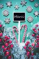 Vertical Black Christmas Sign,Lights, Merci Means Thank You