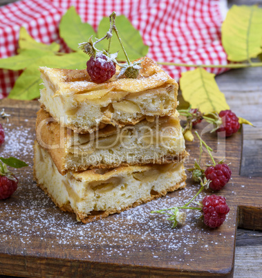 baked square pieces of apple pie are stacked
