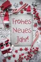Christmas Flat Lay, Vertical Paper, Frohes Neues Means Happy New Year