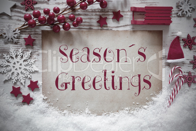 Red Christmas Decoration, Snow, English Text Seasons Greetings