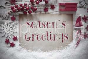 Red Christmas Decoration, Snow, English Text Seasons Greetings