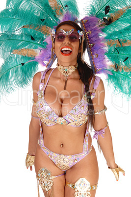 Close up image of carnival dancer woman laughing