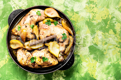 Chicken baked in pear sauce.