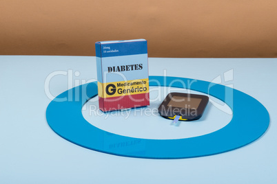 Blue circle with some Diabetes equipment do treatment the disease.