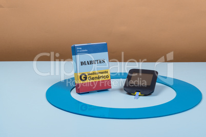 Blue circle with some Diabetes equipment do treatment the disease.