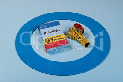 Blue circle with some Diabetes equipment do treatment the disease.