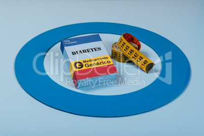 Blue circle with some Diabetes equipment do treatment the disease.