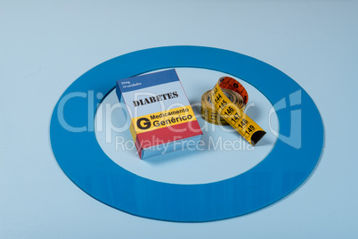 Blue circle with some Diabetes equipment do treatment the disease.