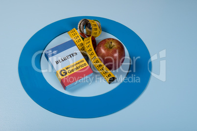 Blue circle with some Diabetes equipment do treatment the disease.