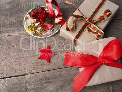 Christmas gifts on a wooden floor