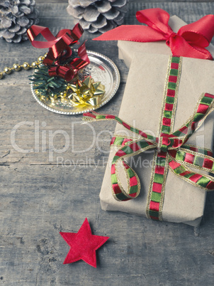 Christmas gifts on a wooden floor