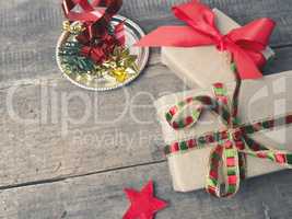 Christmas gifts on a wooden floor