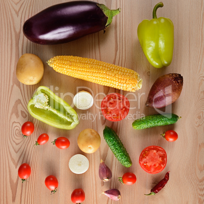 Vegetables laid out on a wooden table
