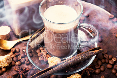 Hot coffee cup with coffee beans