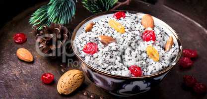 holiday rice porridge with nuts and raisins