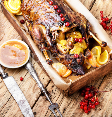 Festive roast duck with orange and cranberries