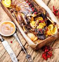 Festive roast duck with orange and cranberries