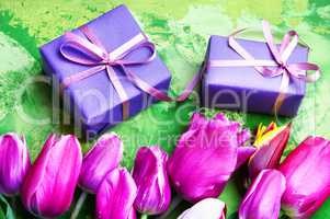 Spring flowers and gift box