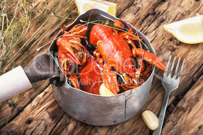 cooked crayfish in metal pan