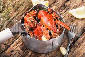 cooked crayfish in metal pan