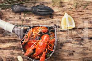 cooked crayfish in metal pan