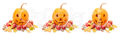 Pumpkin-head, nuts, apples and yellow leaves isolated on white b