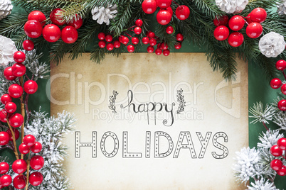 Retro Christmas Decoration, Fir Tree Branch, Calligraphy Happy Holidays