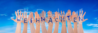 Many Hands Building Word Weihnachten Means Christmas, Blue Sky